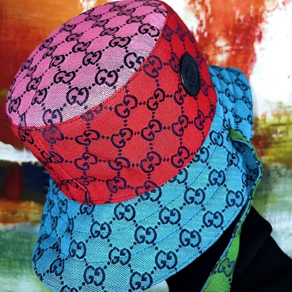 Gucci GG Straps Monogram Bucket Hat Multi-Color Reversible w Leather Logo Patch - Picture 2 of 12